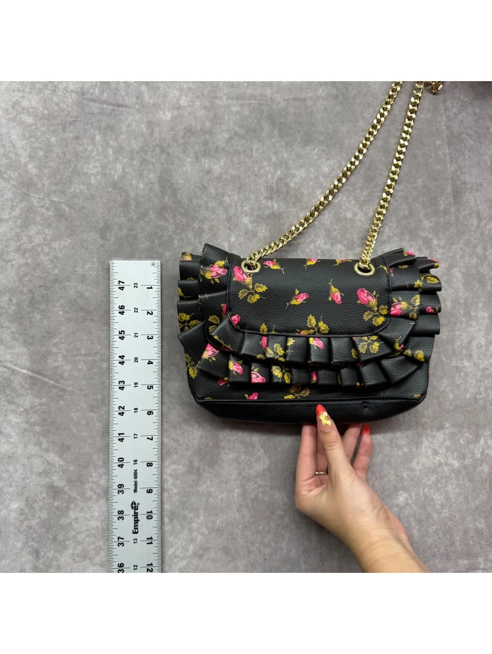 Betsey Johnson Black Floral Rose Print Ruffle Shoulder Bag Chain Crossbody